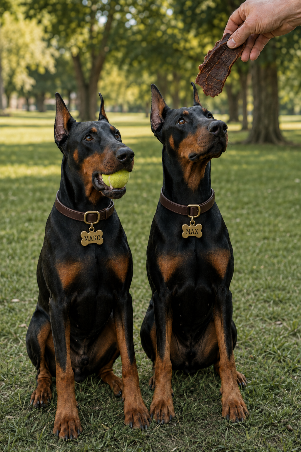 Two Dobermans eagerly watching a large natural jerky treat