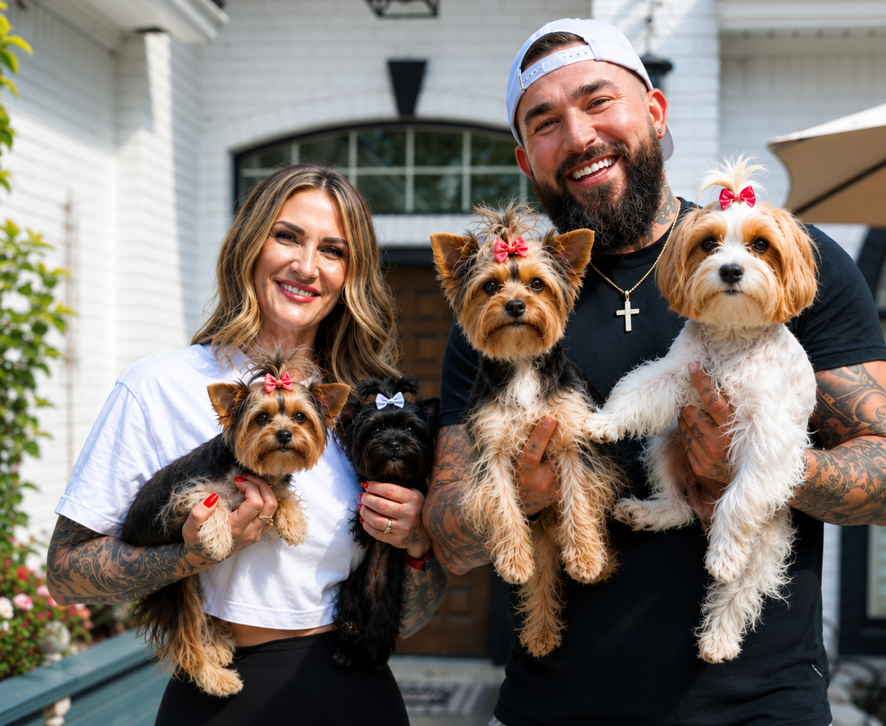 A smiling couple stands outdoors in front of a white house, each holding two small Yorkshire Terrier dogs. The woman wears a white cropped T-shirt and black bottoms, and the man wears a black T-shirt, gray shorts, a white cap, and a cross necklace.