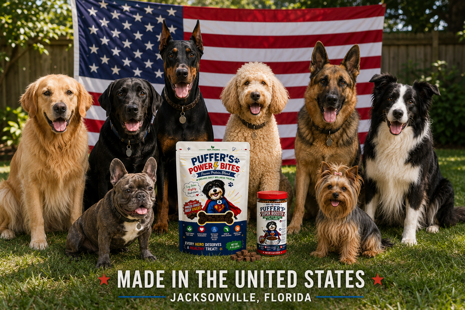 Seven dogs of various breeds are sitting on a green lawn in front of a large American flag, with Puffer's Power Nut dog treats packaging placed in the center. The image includes a text overlay at the bottom that reads 'MADE IN THE UNITED STATES JACKSONVILLE, FLORIDA'.