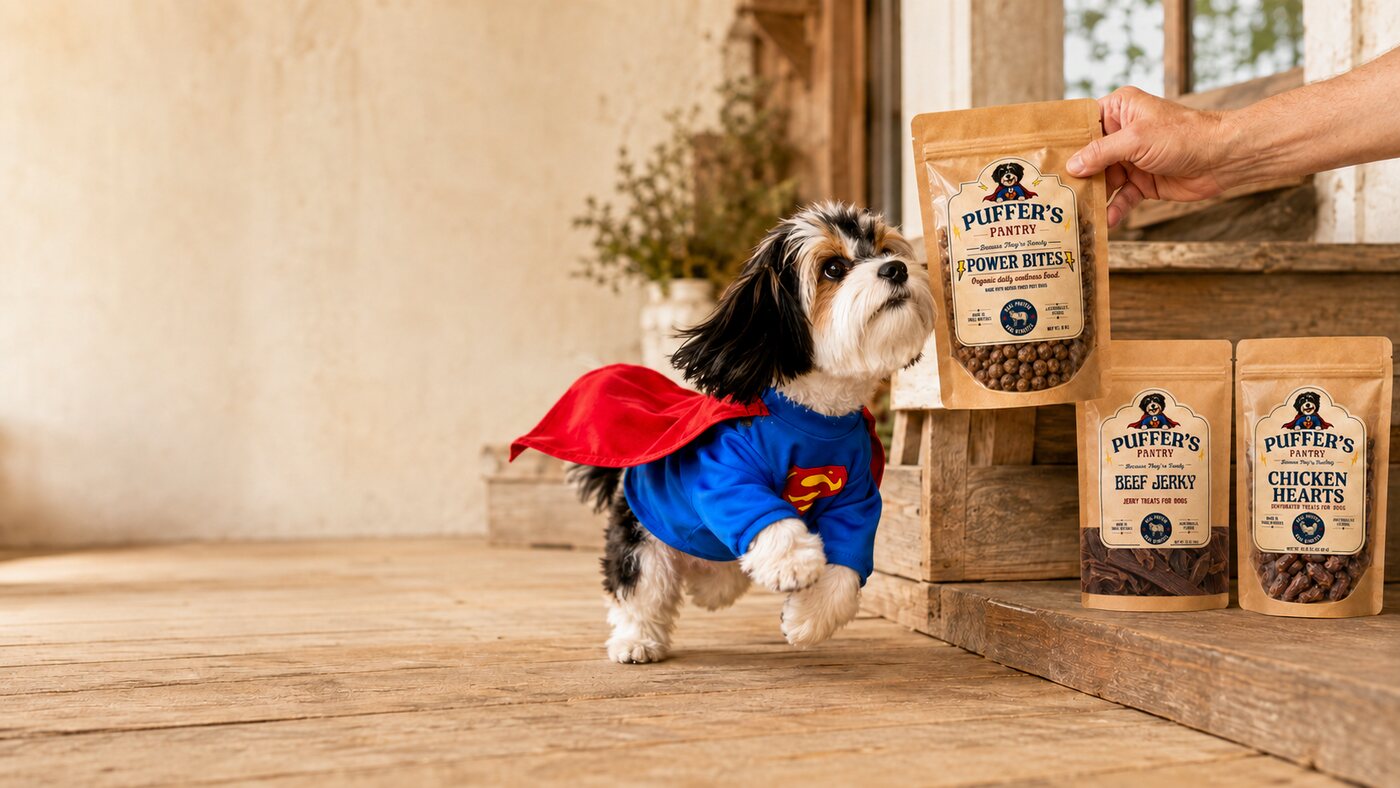 Puffer the Superman Pup running toward a person holding a Puffer’s Pantry treat bag, with more bags nearby