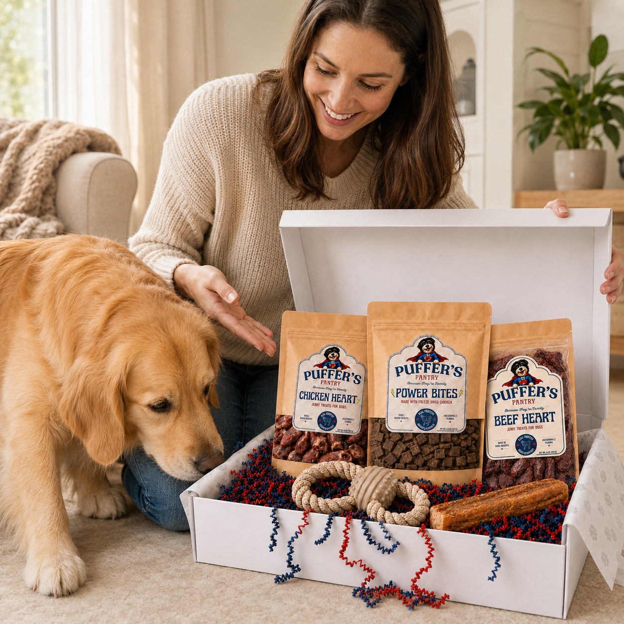 An owner opening a Puffer's Pantry monthly box with treats and toys for her golden retriever