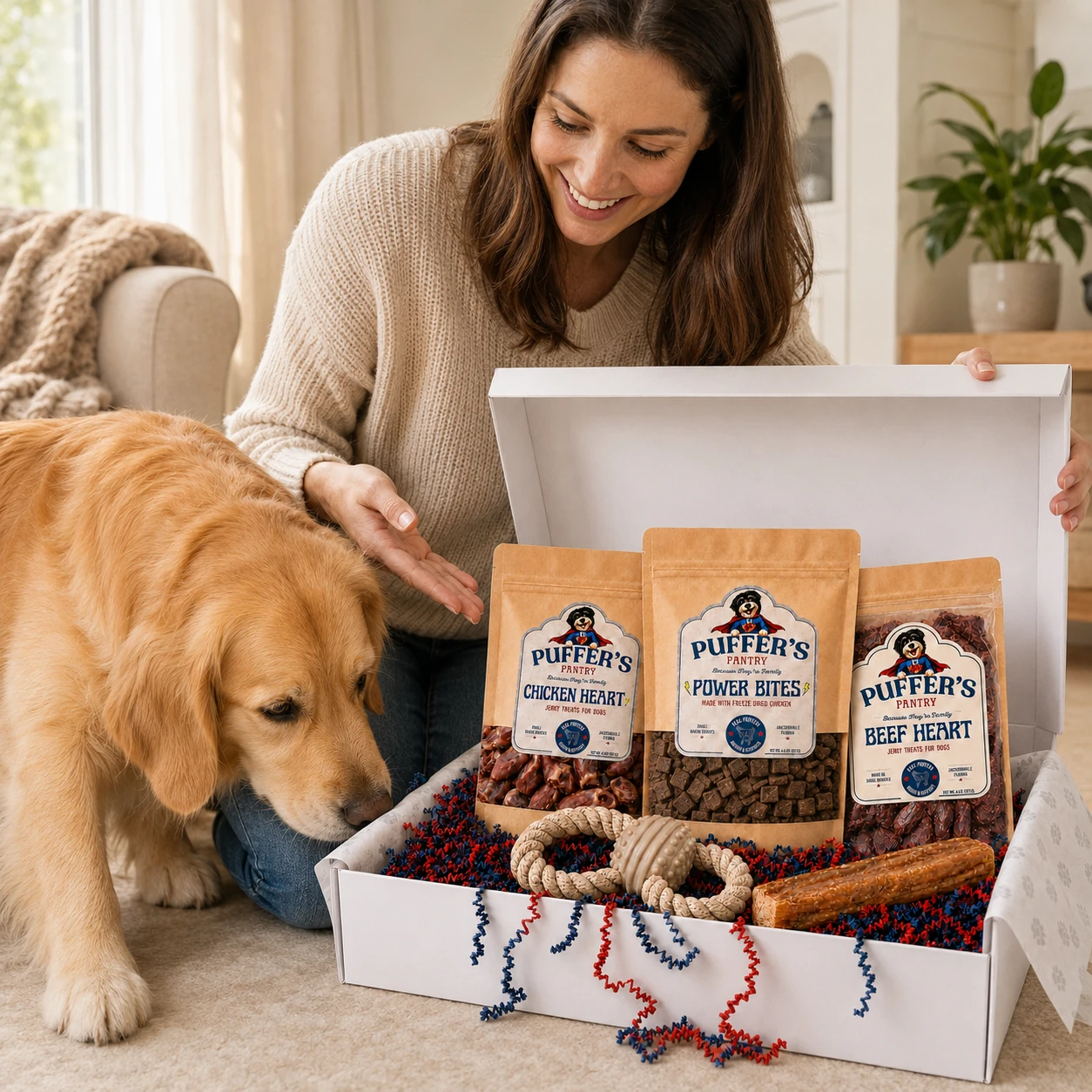 An owner opening a Puffer's Pantry monthly box with treats and toys for her golden retriever